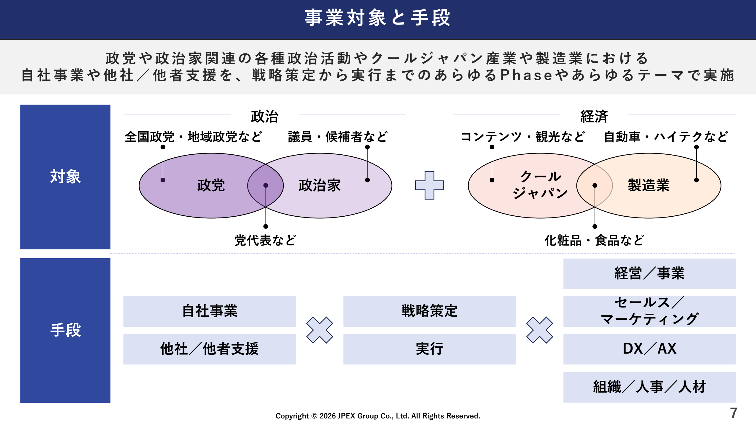政治の対象は政党と政治家、経済の対象はクールジャパンと製造業。自社事業と他社・他者支援を、戦略策定から実行まで、経営・事業、セールス・マーケティング、DX・AX、組織・人事・人材の領域で実施する。